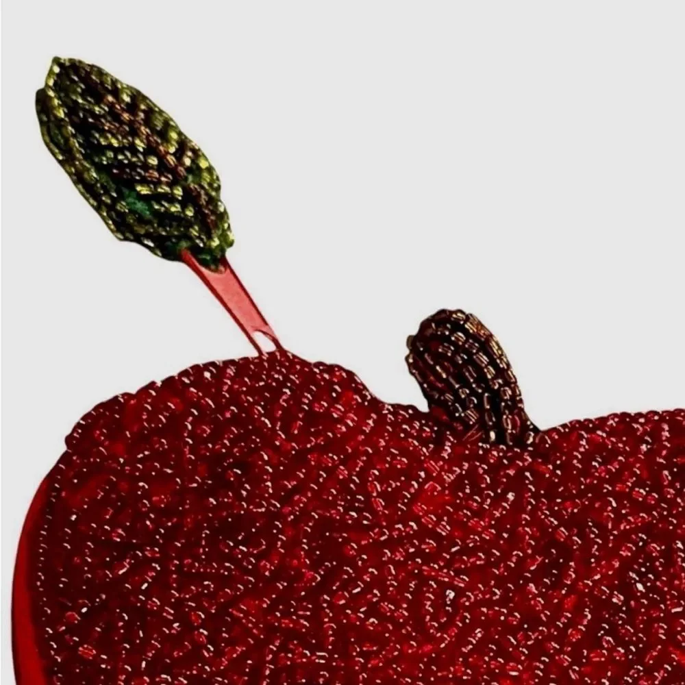 Vintage Apple Coin Purse Red Glass Seed Beads Kitsch Fruit Novelty Zipper Pouch